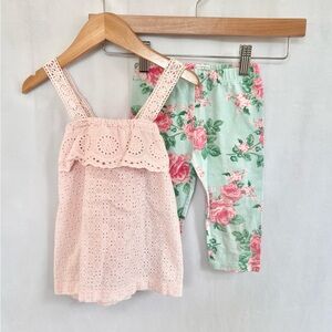 Mud Pie SET Top Pants Pink Blue Floral Eyelet Tank Girl 24 Months 2T EUC